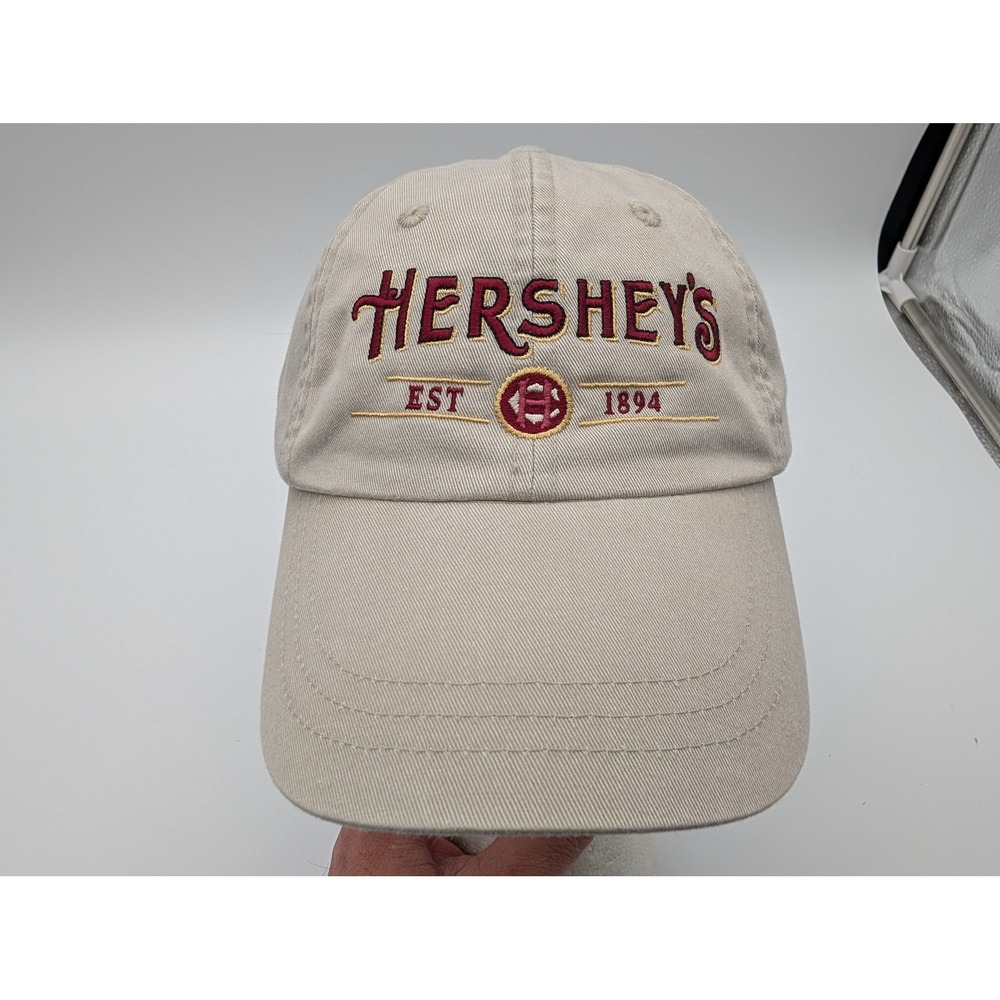 Hershey's Est 1894 Embroidered Tan Baseball Cap Leather Strap Hat HeadShot
